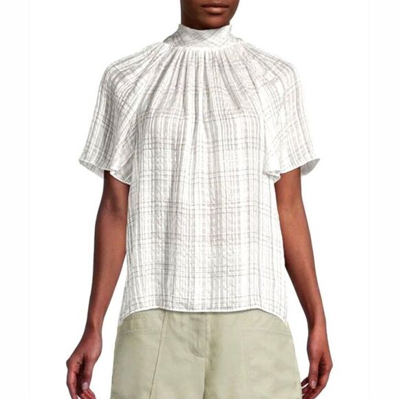 REBECCA TAYLOR - “Jules” Plaid Short-Sleeve Silk Blouse - Size 6, White, Black - Picture 1 of 17